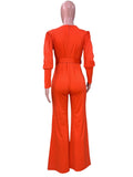 Sexy V Neck Long Sleeve Wide Leg Rompers Women Jumpsuit with Belt