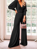 Sexy V Neck Long Sleeve Wide Leg Rompers Women Jumpsuit with Belt
