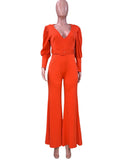 Sexy V Neck Long Sleeve Wide Leg Rompers Women Jumpsuit with Belt