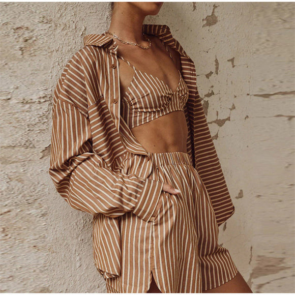 3 Piece Long Sleeve Top & Shorts Set