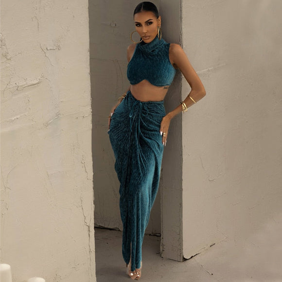 Sleeveless Crop Top & High Waist Slit Ruched Skirt