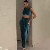 Sleeveless Crop Top & High Waist Slit Ruched Skirt