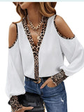 Leopard Long Sleeve V-Neck Off Shoulder Button Blouse Silver Sam