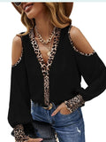 Leopard Long Sleeve V-Neck Off Shoulder Button Blouse Silver Sam