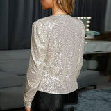 Sequins Shiny Jacket Elegant O Neck Outerwear Silver Sam