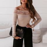 Long Sleeve Rib Knitted Patchwork Embroidered Lace Blouse Silver Sam