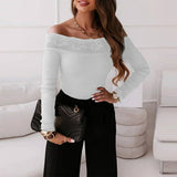 Long Sleeve Rib Knitted Patchwork Embroidered Lace Blouse Silver Sam