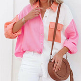 Patchwork Lapel Buttons Blouse Silver Sam