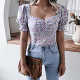 Square Collar Floral Printed Chiffon Top Silver Sam