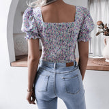 Square Collar Floral Printed Chiffon Top Silver Sam