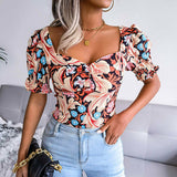 Square Collar Floral Printed Chiffon Top Silver Sam