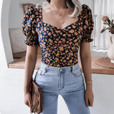 Square Collar Floral Printed Chiffon Top Silver Sam