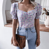 Square Collar Floral Printed Chiffon Top Silver Sam