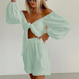 Long Sleeve Bowknot Crop Tops And Pocket Beach Short Suit