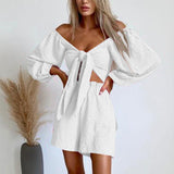 Long Sleeve Bowknot Crop Tops And Pocket Beach Short Suit