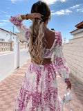 V-Neck Backless Hollow Out Lantern Sleeve Maxi Dress Silver Sam