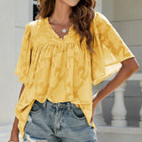 V-Neck Floral Texture Flare Half Sleeve Loose Chiffon Pullover Silver Sam