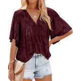 V-Neck Floral Texture Flare Half Sleeve Loose Chiffon Pullover Silver Sam