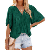 V-Neck Floral Texture Flare Half Sleeve Loose Chiffon Pullover Silver Sam