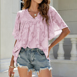 V-Neck Floral Texture Flare Half Sleeve Loose Chiffon Pullover Silver Sam