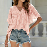 V-Neck Floral Texture Flare Half Sleeve Loose Chiffon Pullover Silver Sam