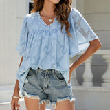 V-Neck Floral Texture Flare Half Sleeve Loose Chiffon Pullover Silver Sam