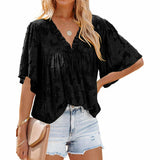V-Neck Floral Texture Flare Half Sleeve Loose Chiffon Pullover Silver Sam