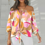 Printed Long Sleeve Lace-up Slash Neck Pullover Blouse