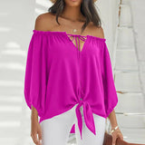 Printed Long Sleeve Lace-up Slash Neck Pullover Blouse
