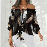 Printed Long Sleeve Lace-up Slash Neck Pullover Blouse