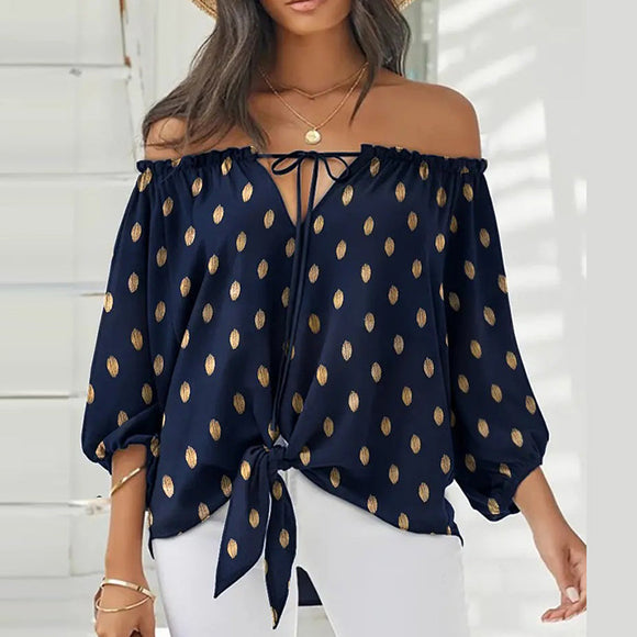 Printed Long Sleeve Lace-up Slash Neck Pullover Blouse