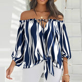 Printed Long Sleeve Lace-up Slash Neck Pullover Blouse