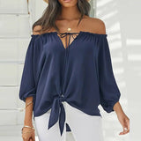 Printed Long Sleeve Lace-up Slash Neck Pullover Blouse