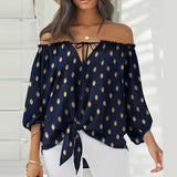 Printed Long Sleeve Lace-up Slash Neck Pullover Blouse
