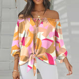 Printed Long Sleeve Lace-up Slash Neck Pullover Blouse