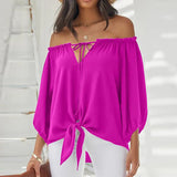 Printed Long Sleeve Lace-up Slash Neck Pullover Blouse