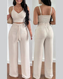 Print Floral Suspender Vest & High Waist Elastic Wide Leg Pants Set