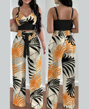 Print Floral Suspender Vest & High Waist Elastic Wide Leg Pants Set