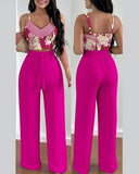 Print Floral Suspender Vest & High Waist Elastic Wide Leg Pants Set