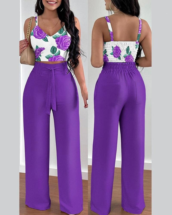 Print Floral Suspender Vest & High Waist Elastic Wide Leg Pants Set