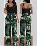 Print Floral Suspender Vest & High Waist Elastic Wide Leg Pants Set