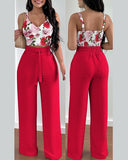 Print Floral Suspender Vest & High Waist Elastic Wide Leg Pants Set