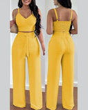 Print Floral Suspender Vest & High Waist Elastic Wide Leg Pants Set