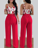 Print Floral Suspender Vest & High Waist Elastic Wide Leg Pants Set