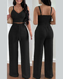 Print Floral Suspender Vest & High Waist Elastic Wide Leg Pants Set