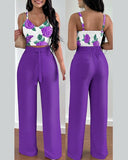 Print Floral Suspender Vest & High Waist Elastic Wide Leg Pants Set