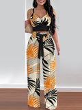 Print Floral Suspender Vest & High Waist Elastic Wide Leg Pants Set