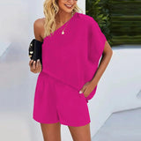 Skew Collar Off-shoulder Loose Casual Pullover & Shorts Set