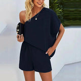 Skew Collar Off-shoulder Loose Casual Pullover & Shorts Set