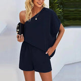 Skew Collar Off-shoulder Loose Casual Pullover & Shorts Set